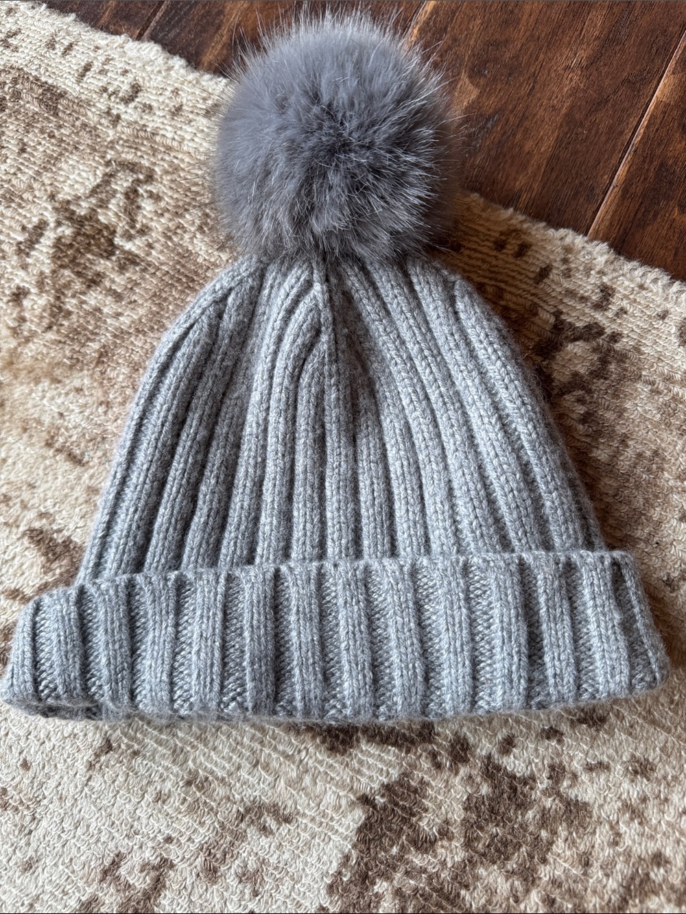 J.Crew Gray Wool Cashmere Ribbed Pom Pom Beanie Hat One Size